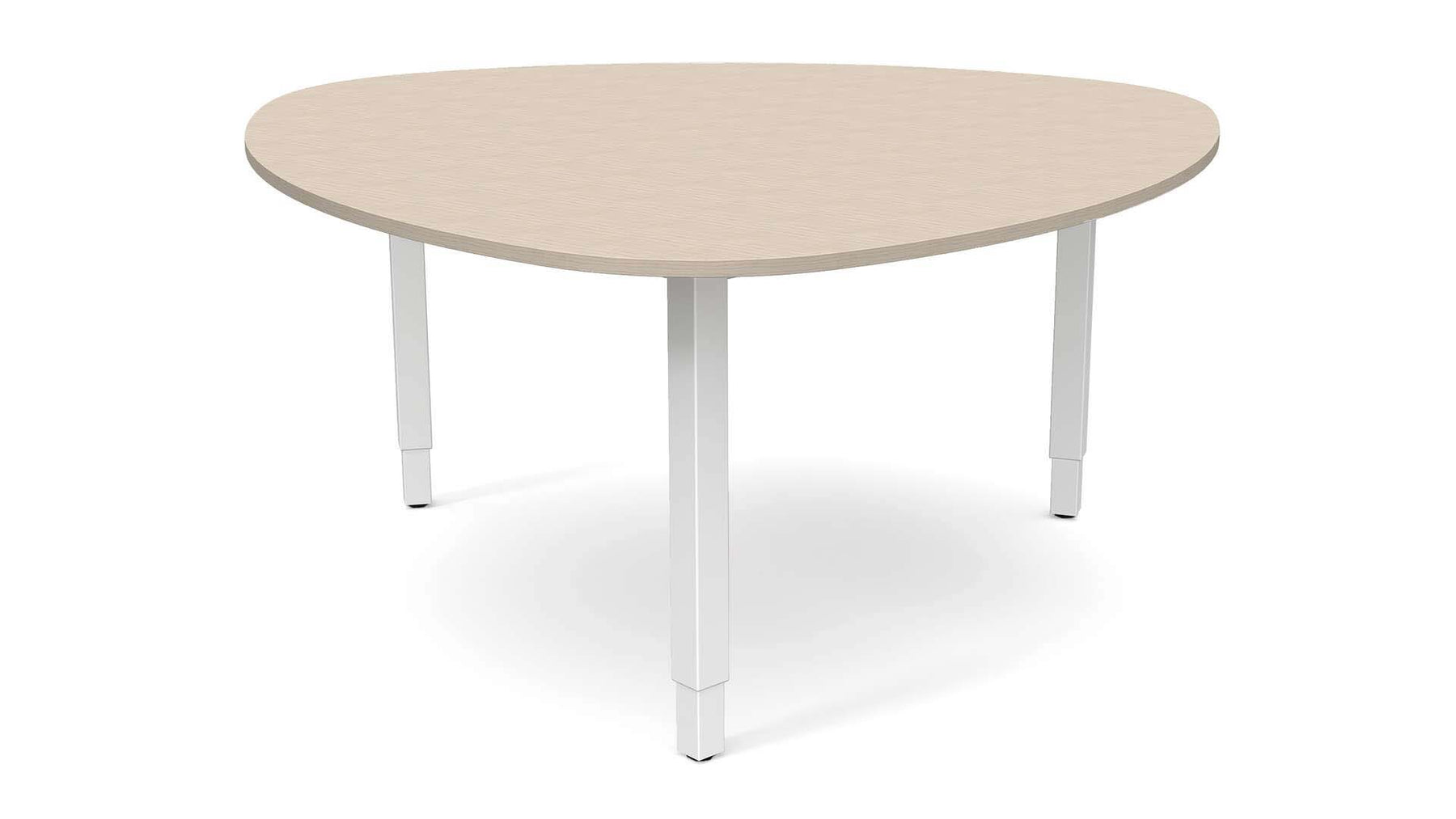 matbord vit ljust trä och vitt stativ, är höj och sänkbart för ergonomisk arbetsställning.