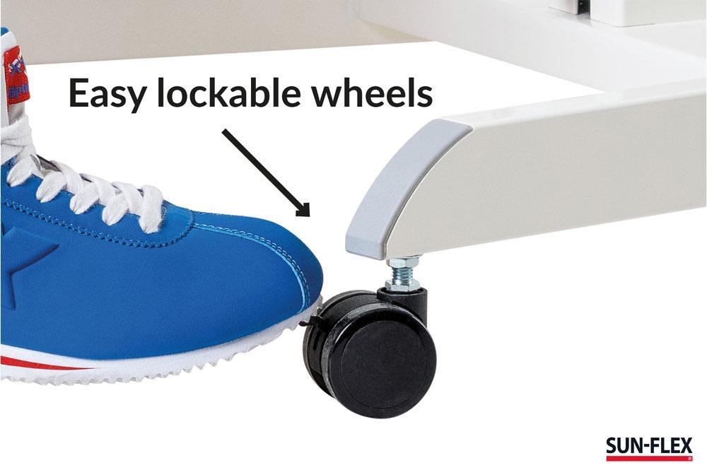 Enkel låsfunktion på hjulen på litet skrivbord